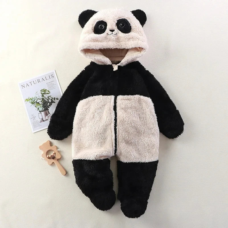 Baby Winter Romper Fleece Cartoon Panda Bunny Hooded Jumpsuit for Boy Girl Clothes Soft Loungewear Thicken Toddler Infant Onesie