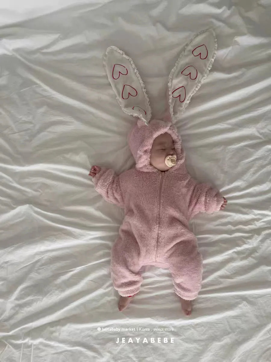 2025 Winter New Baby Long Sleeve Warm Romper Plus Velvet Thick Infant Girl Rabbit Ears Hooded Jumpsuit Toddler Clothes 0-24M