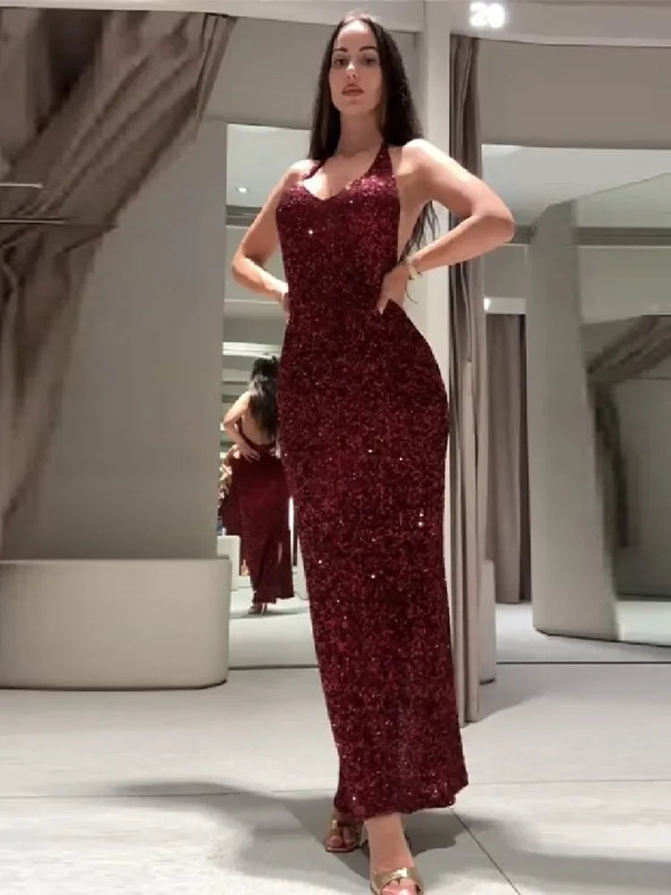 Sexy Lady Sequin Halter Maxi Dress Sleeveless O Neck Backless Party Long Robe 2026 Spring New Luxury Evening Dresses