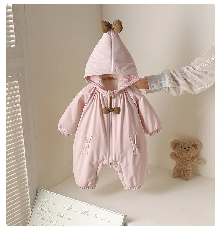 Winter Rompers Baby Girls Clothes Korean Fashion Pink Cute Hooded Bow Warm Thicker Jumpsuit Infant Costume Newborn Items B383