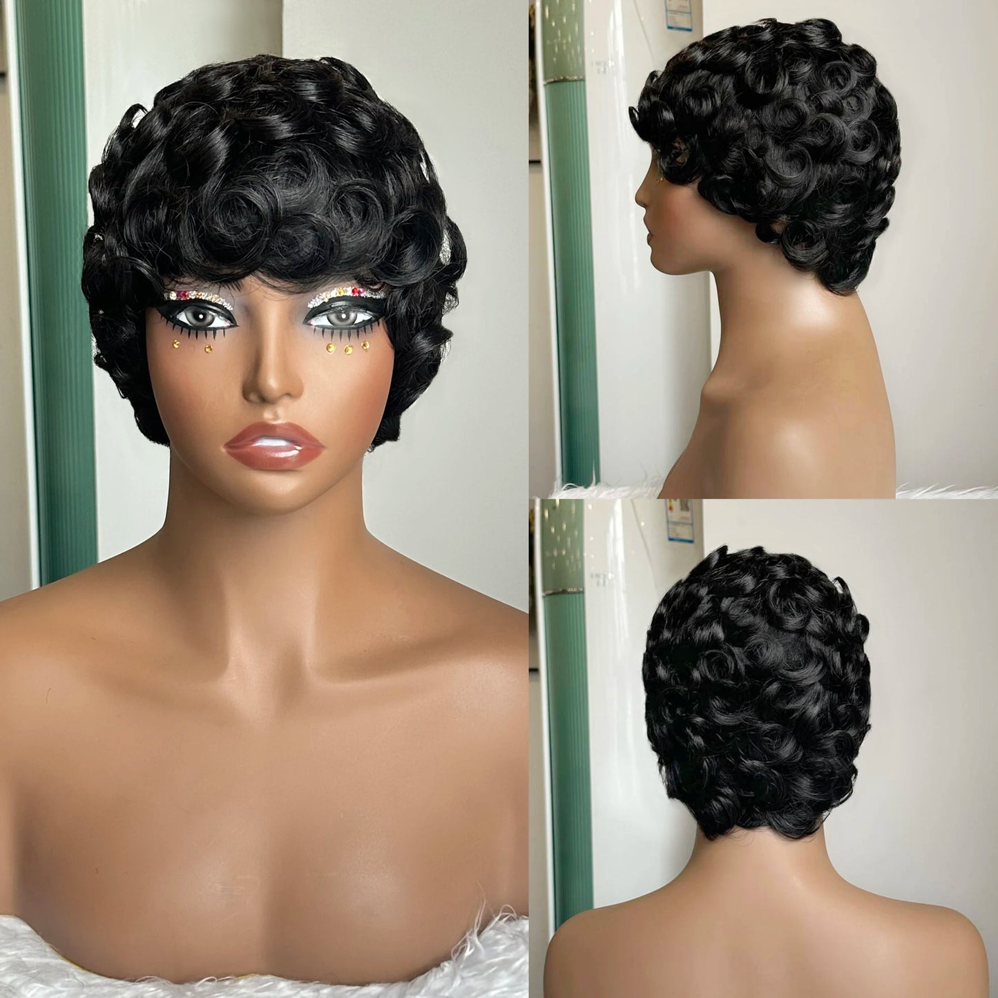 Short Layered Pixie Curly Wigs Human Hair Chic Pixie Cut Human Hair Wig With Bangs Black Color Full Machine Made For Women