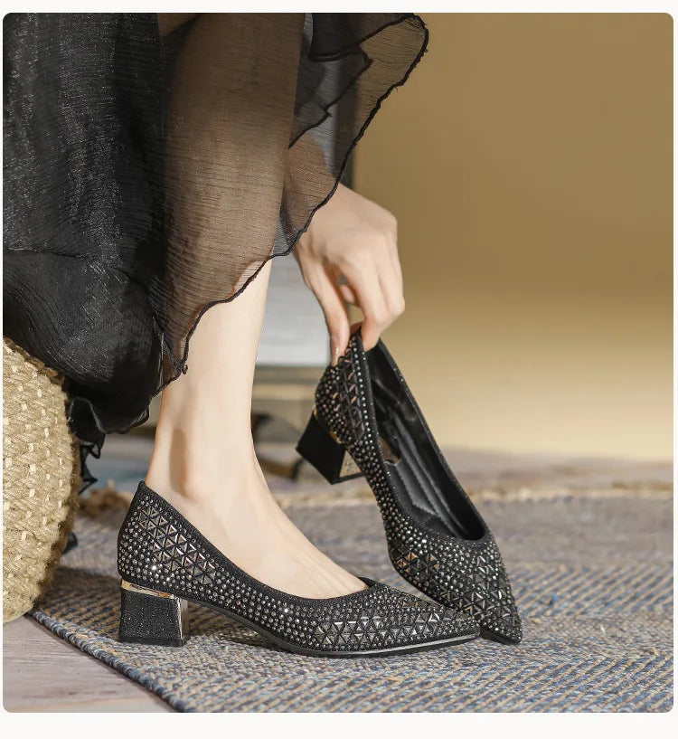Sequines Cloth Gold rivets pumps women pointed toe glitter med-high heels shoes metal heeled female tacones elegant OL shoes