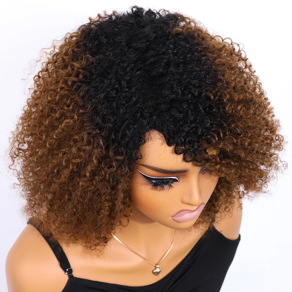 Lekker Highlight Brown Kinky Curly Bob 100% Human Hair Wigs For Women Brazilian Remy Hair Full Machine Made Clearance Curly Wigs