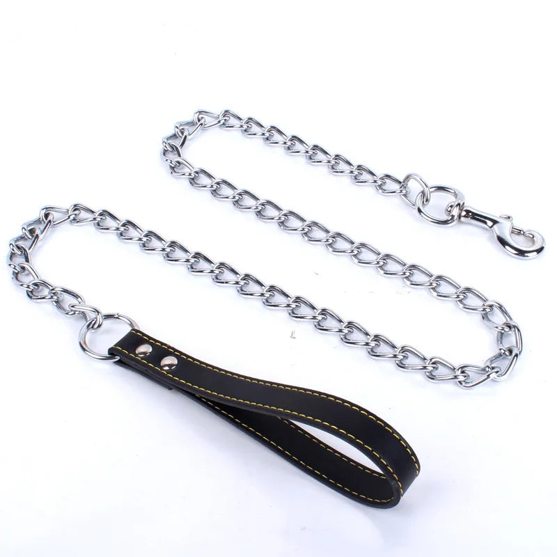 Durable Pet Dog Chain Metal Leash For Small Medium Dog PU Handle Leather Iron Chain Leash Anti-Bite Chain Dog Accessories