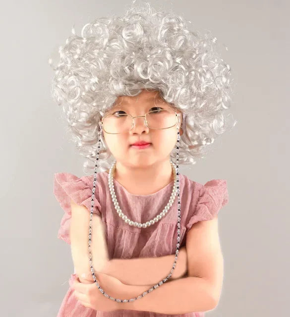 Halloween  Great grandma cosplay older performance costume Kid Halloween wig necklace eyeglass