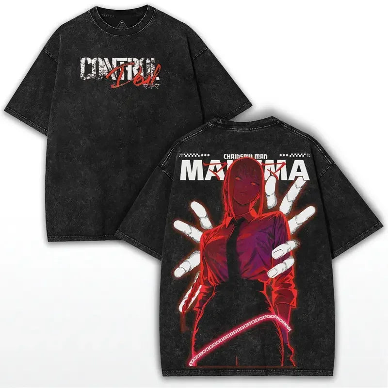 Hot Anime Chainsaw Man Makima Print T-shirt Men Women Tshirts Short Sleeve Cotton Clothing Retro Washed T Shirt Harajuku Tops