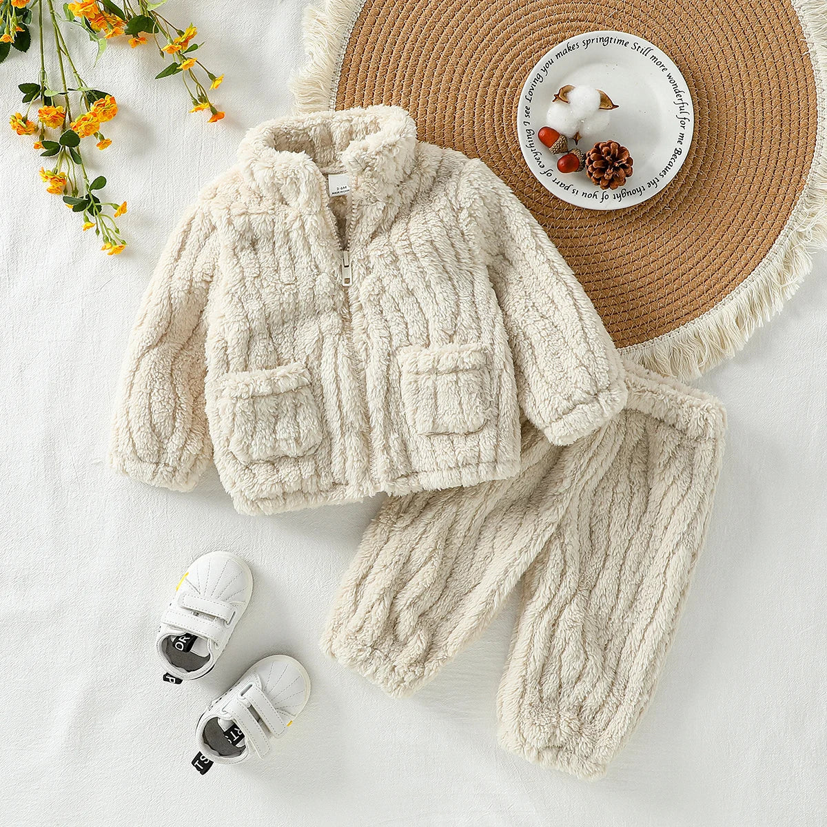 2025 New Casual Autumn /Winter Boys/Girls Long Sleeve Solid Warm Plush Sets For 1-3Y Zip-Up Coat Outfits Clothing Suit