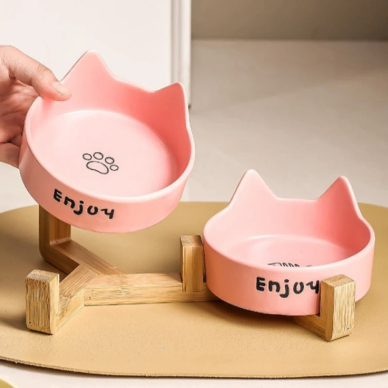 Ceramic Double Bowl Pet Cat Bowl Anti-Slip Heightened Bamboo Table Feeding Bowl Pet Supplies Water Feeders Small Dogs Supplies