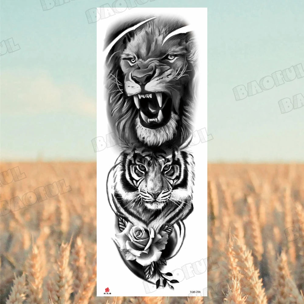 BAOFUL Full Arm Sleeve Temporary Tattoos For Women Men Realistic Wolf Lion Warrior Maori Fake Tattoo Stickers Thigh Leg Tatoos