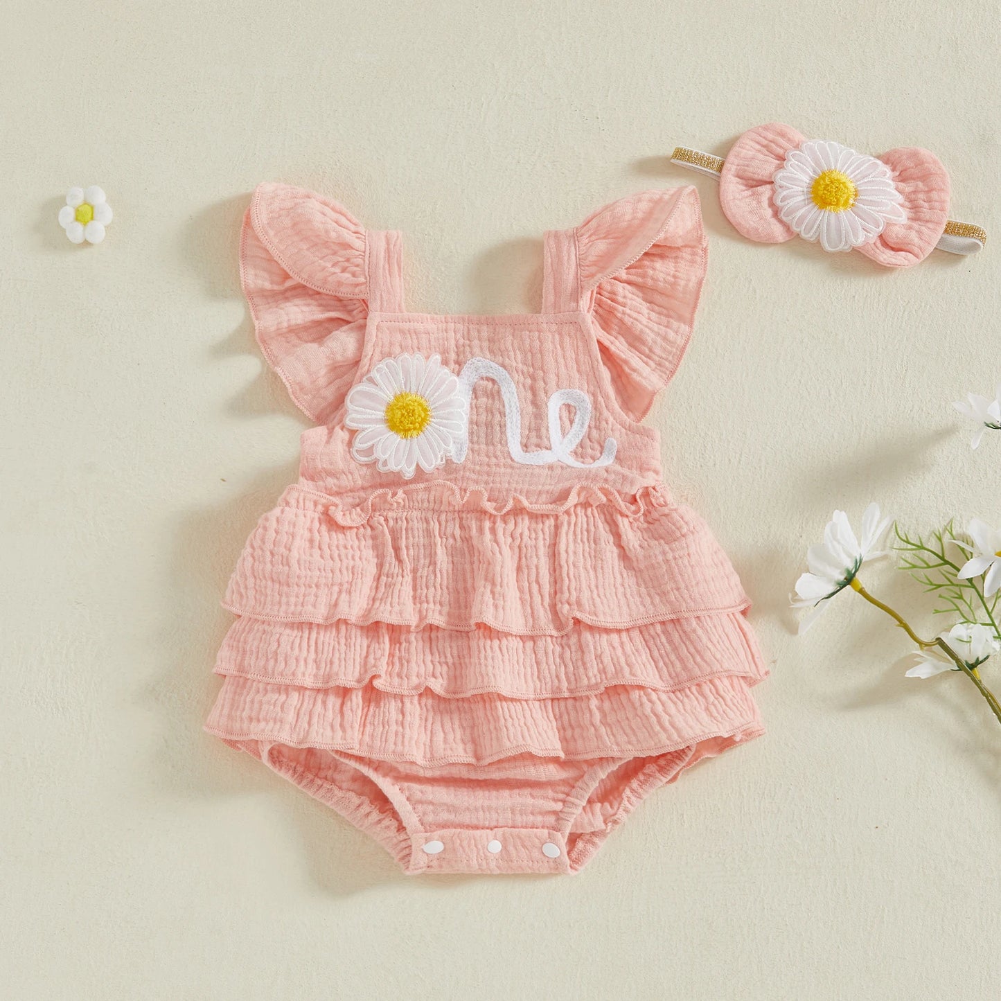 Newborn Baby Girls 1st Birthday Romper Dress Summer Cute Daisy Letter Embroidery Fly Sleeves Ruffles Jumpsuit and Headband Set