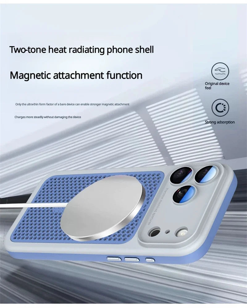 Heat Dissipation Mesh Magnetic Case for iPhone 17 15 14 13 12 16 Pro Max Plus For Magsafe Lens Protector Shockproof Bumper Cover
