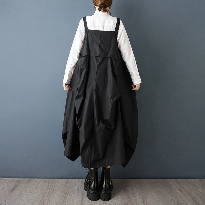2025 Spring Autumn New Black Vintage Straps Dresses For Women Sleeveless Pleated Loose Casual Dress Robe Elegant Fashion Clothes