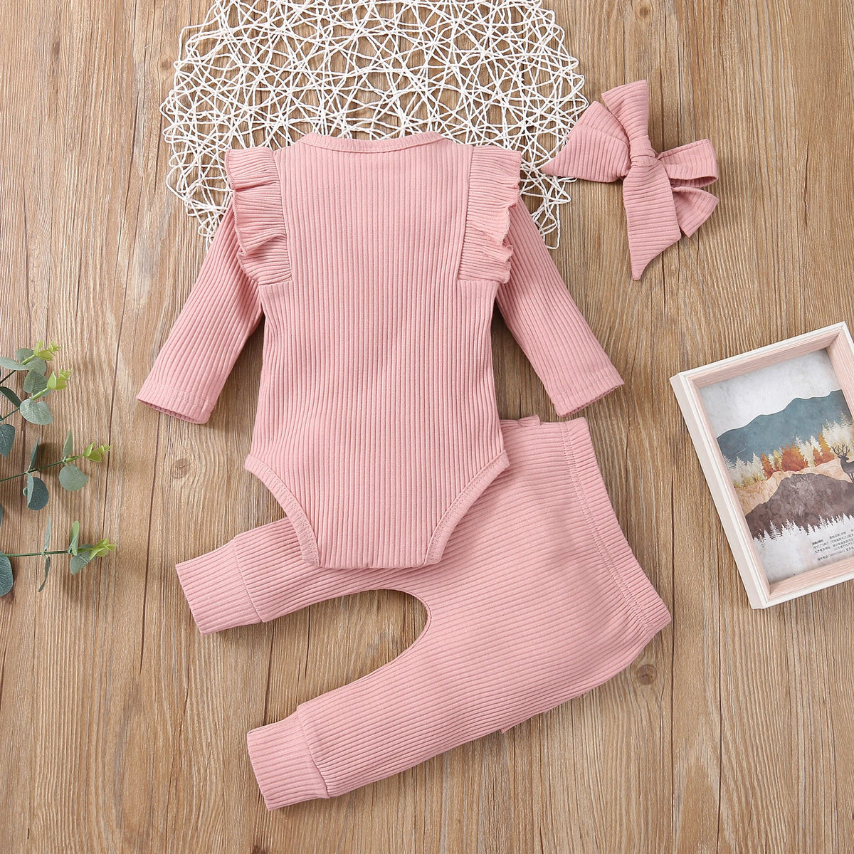 3Pcs Baby Girl Outfit Set Newborn Toddler Kids Clothing Set Baby Girls Lace Ruffles Cotton Bodysuit +Pants+Headband Clothing
