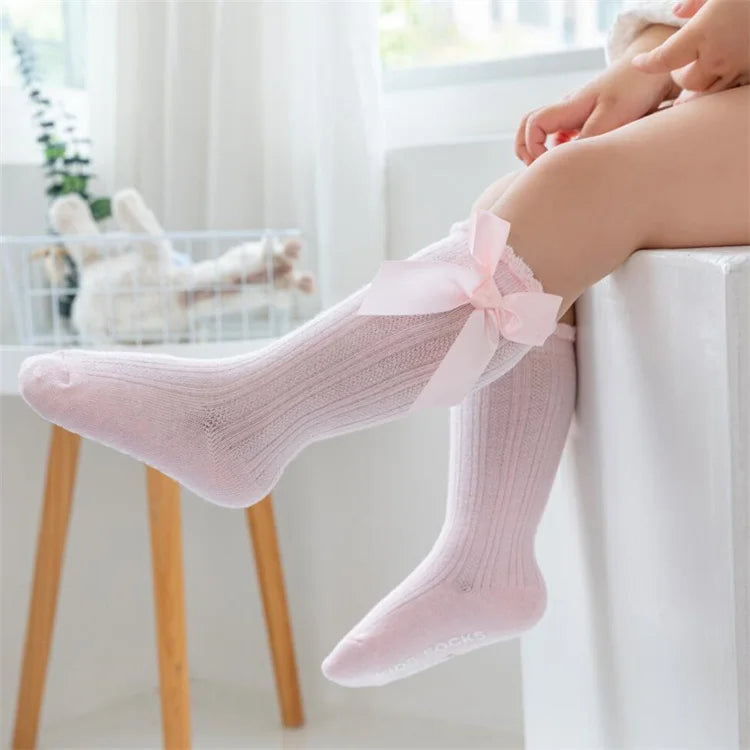 3Pairs/set Baby Girls Big Bow Knee High Socks Spring Autumn Children Non-slip Floor Sock Infant Toddler Princess Stockings 0-3Y