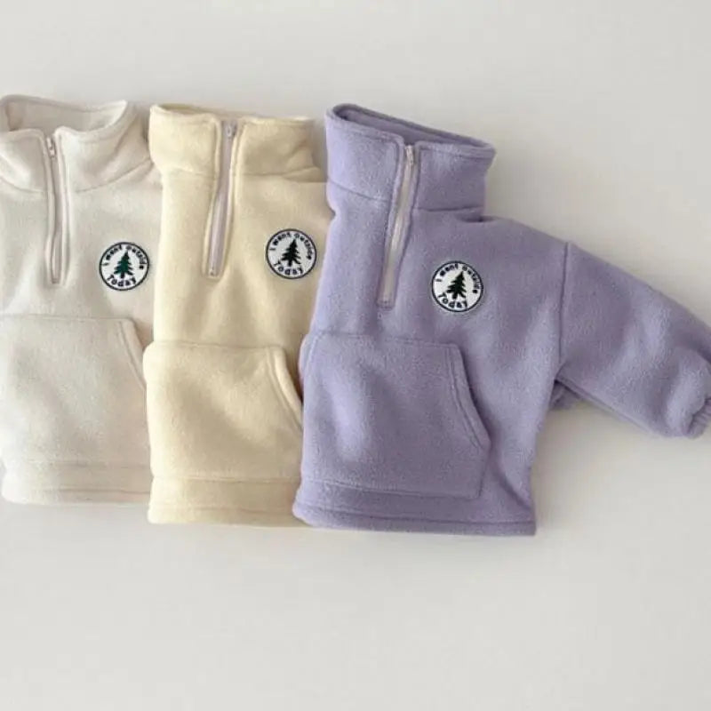 2025 Autumn Baby Boys Clothing Sets Children Thicken Plush Clothes Girls Solid Cotton High Collar Tops+ Pant 2 Pieces Suits