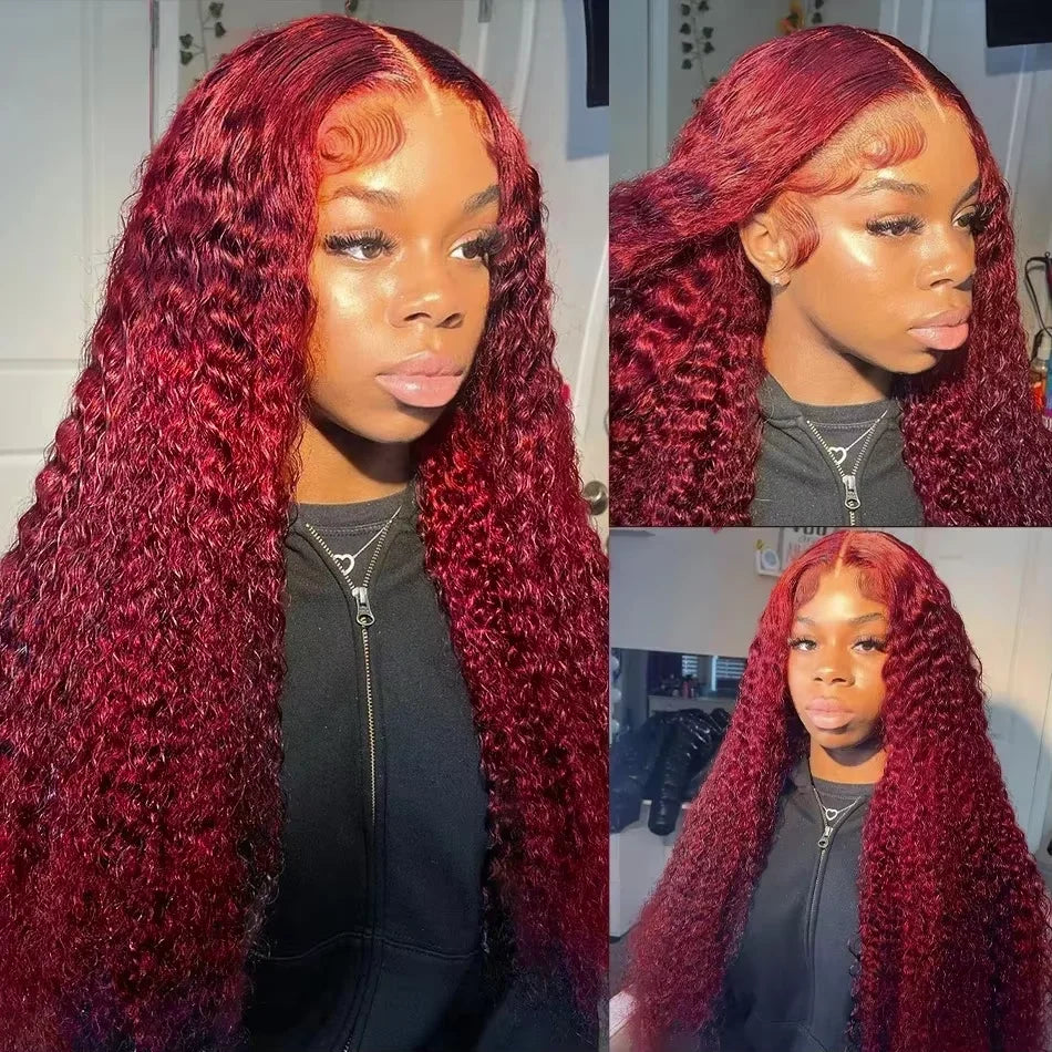 200 Density 13x4 Curly 99J Burgundy Lace Front Wig Red Wine Colored 30 40 Inch Deep Wave 13x6 HD Lace Frontal Human Hair Wigs