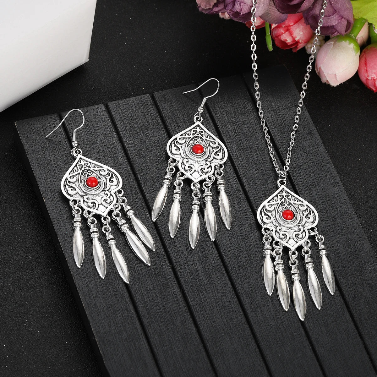 2023 Indian Jewelry Set Ethnic Silver Plated Geometric Carved Tassel Earring Necklace Women's Blue Turquoises Chain Jewelry