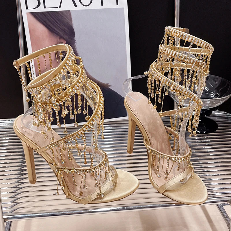 Golden Shoes Fashion Rhinestones Peep Toe Ladies High Heels Crystal Shoes Gladiator Sandals Women Thin Heels Female Footwear