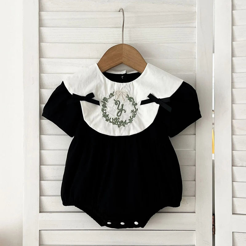 New Baby Girls Clothing Summer Infant Baby Girls Jumpsuit Retro Short Sleeve Cotton Embroidery Bow Newborn Baby Girls Bodysuits