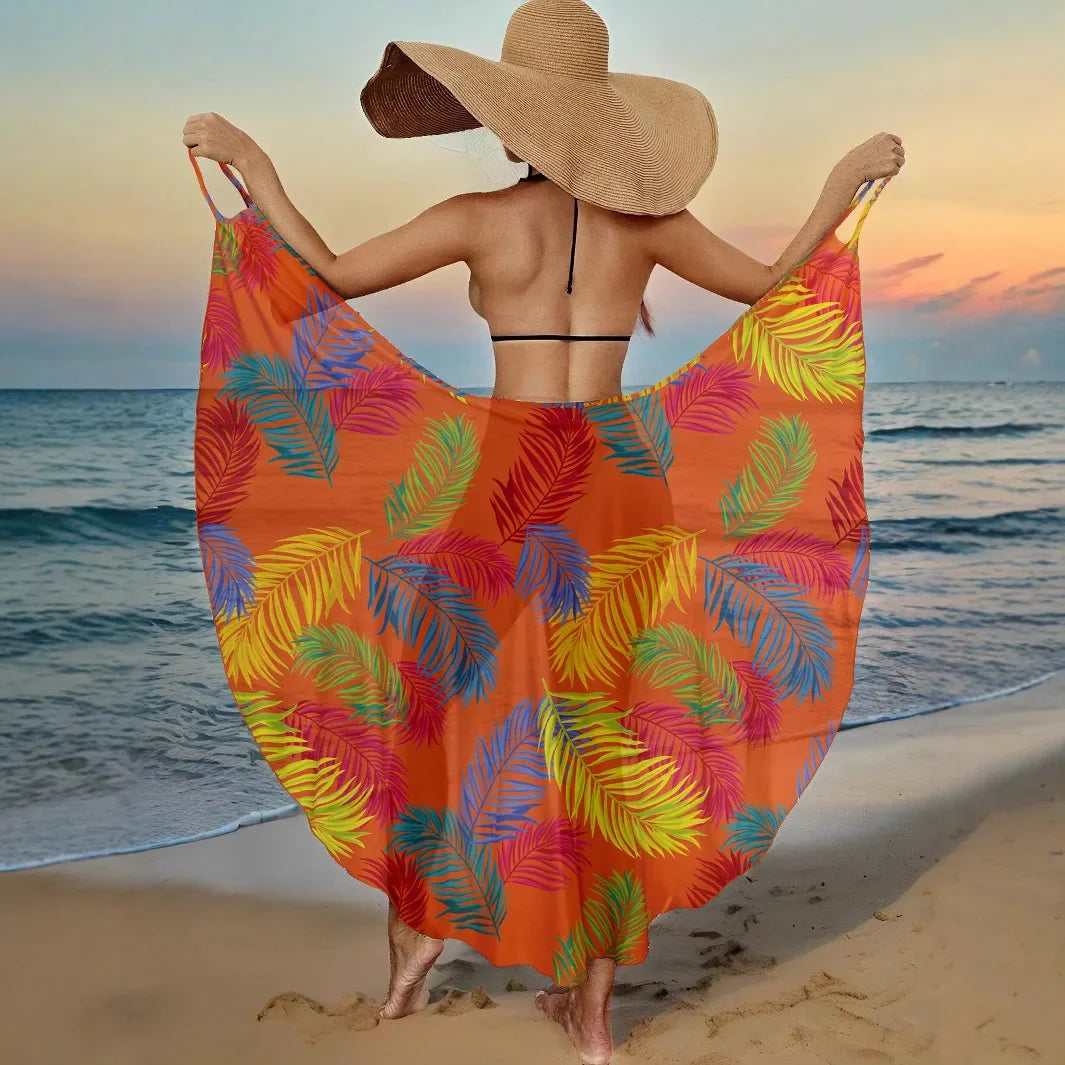Summer Beach Cover-Ups Sexy Women Leaves Print Wrap Dress Sun Protection Bikini Cover Up Sarongs Female Bathing Suit Swimwears