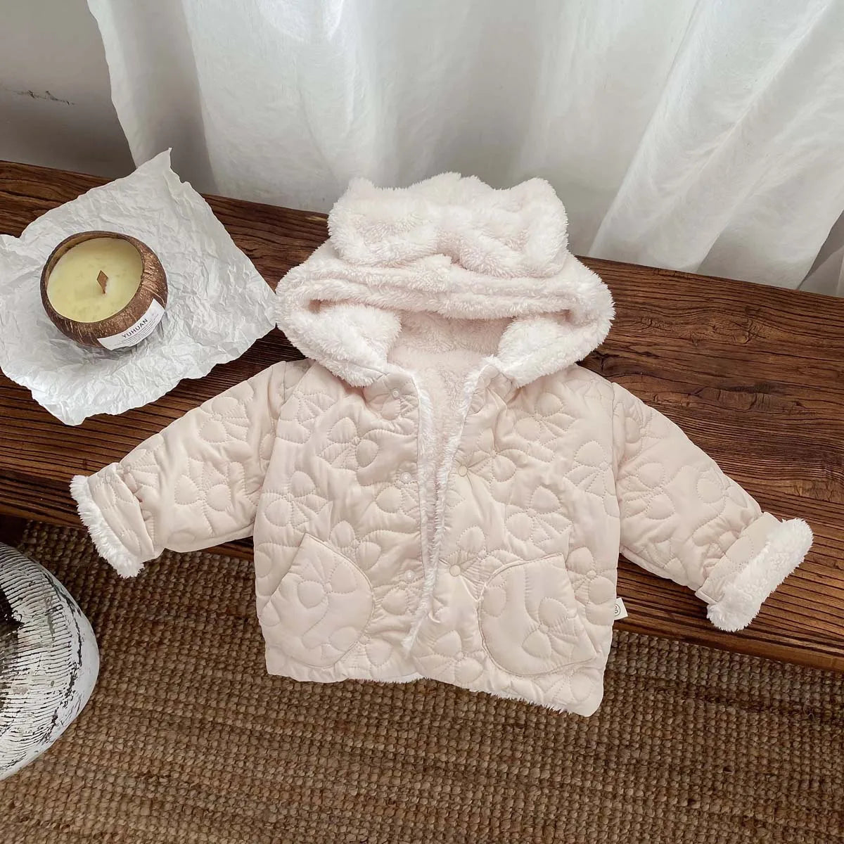 Baby fleece-lined Winter Men's and Women's Baby Clothes Bowknot Hooded Korean-style Newborn Warm Cotton-padded Jacket