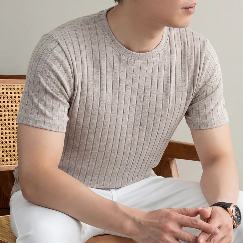 Men's Minimalist Crew Neck Ribbed T Shirt Comfortable Elastic Fabric Short Sleeve For Office And Casual Wear