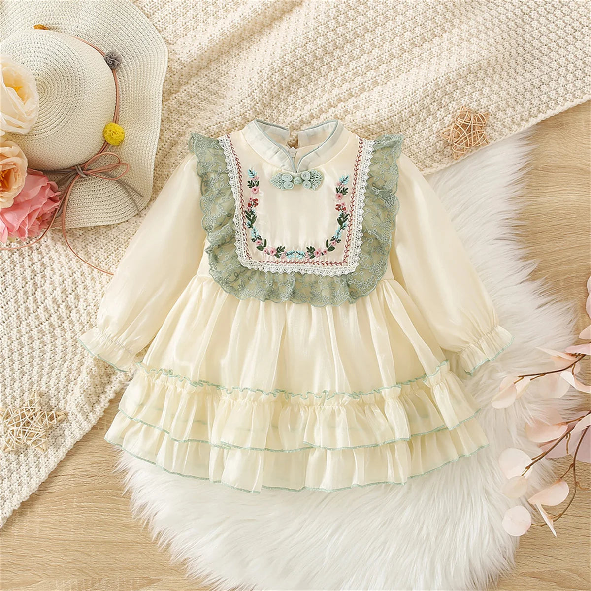 Girls' Dress Spring And Autumn Solid Color Flower Long Sleeved Baby Girl Dress Chinese Style One Year Old Baby Dress Baby Girl C