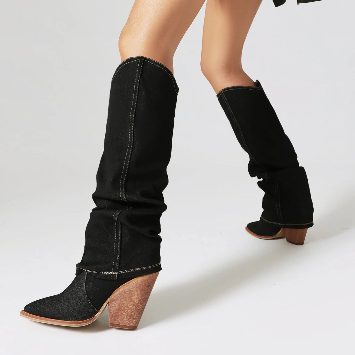 Turned-Over Edge Denim Fashion Sleeve For Women's Knee High Boots Super High Wood Grain Tapered Thick Heel New Winter Boots