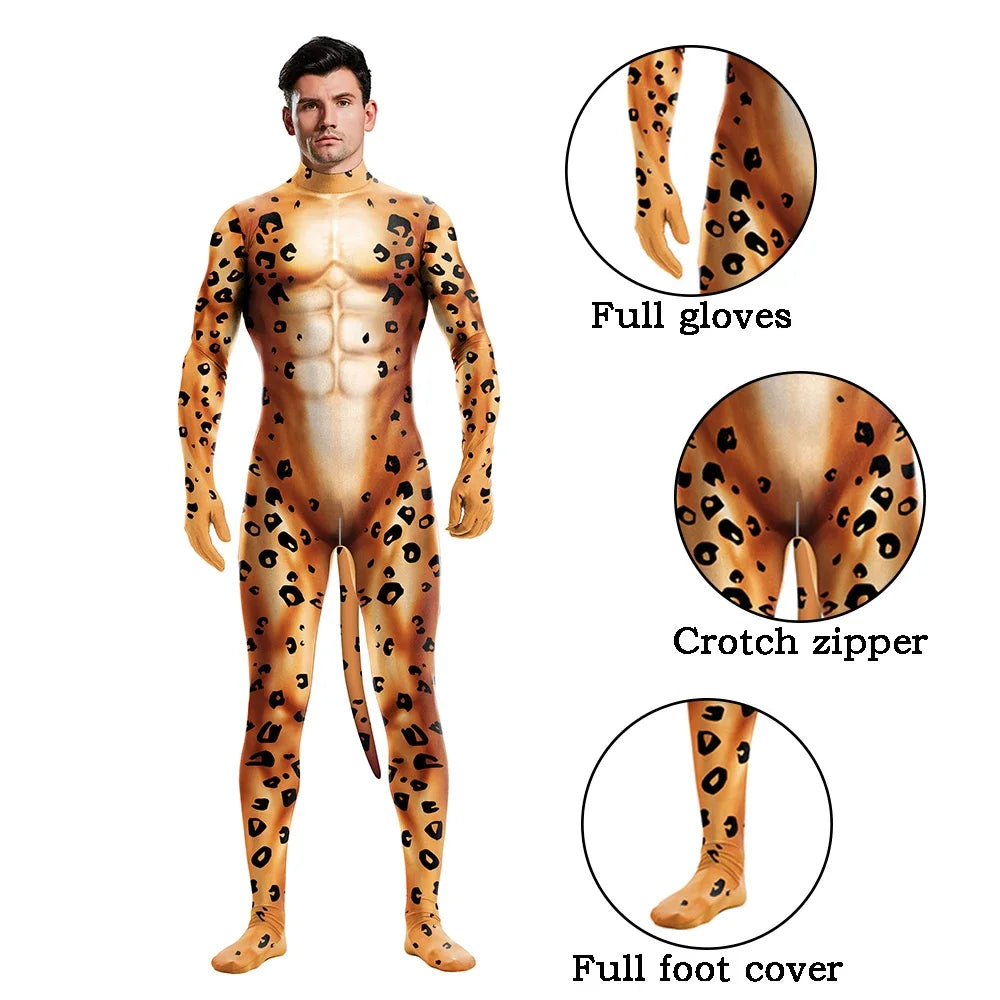 Halloween Cosplay Costume Male Adult Full Cover Elastic Zentai Pet Suit Jumpsuit Print Catsuit Bodysuits with Tail Purim Clothes