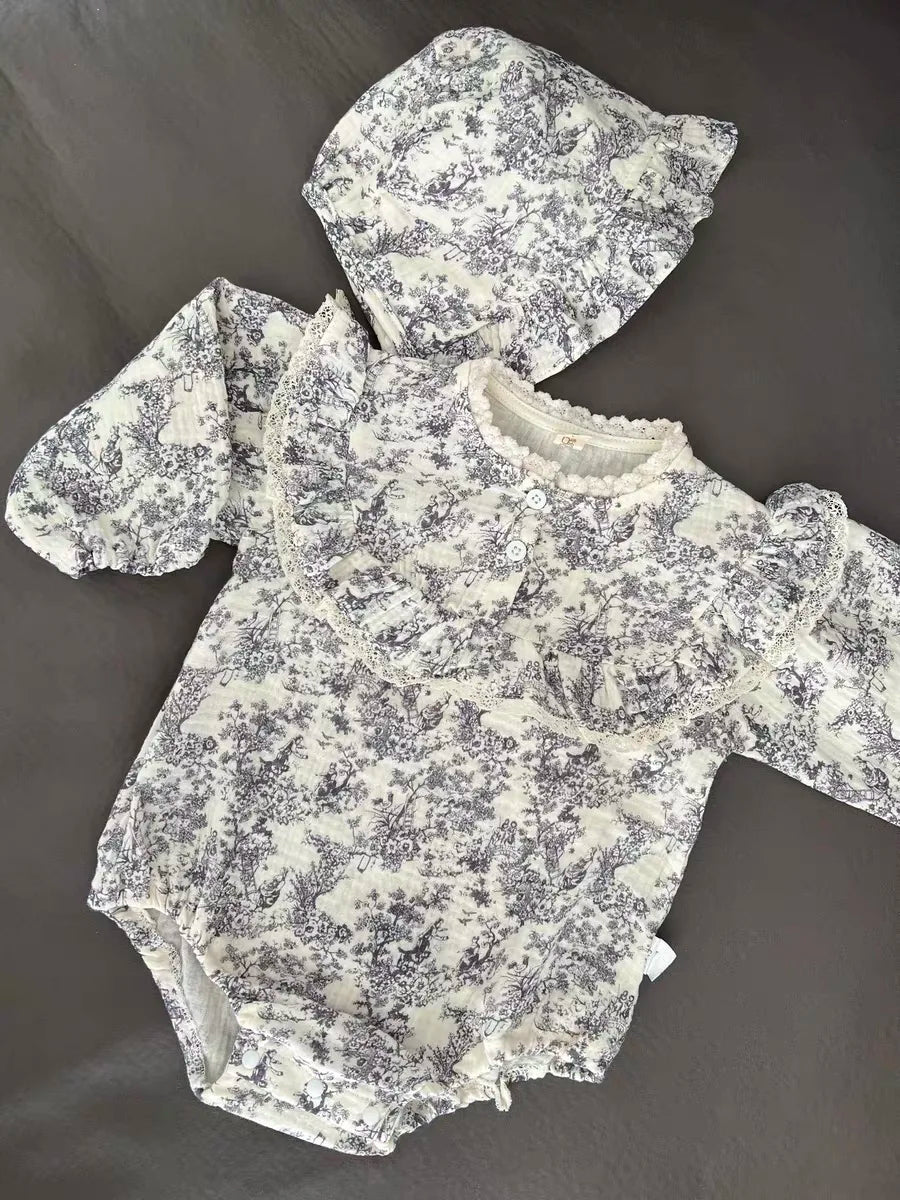 Newborn Romper Chinese Style Ink Painting Newborn Baby Girl Bodysuits +Hat Cotton Girls Jumpsuits Infants Onesie Outfits Clothes