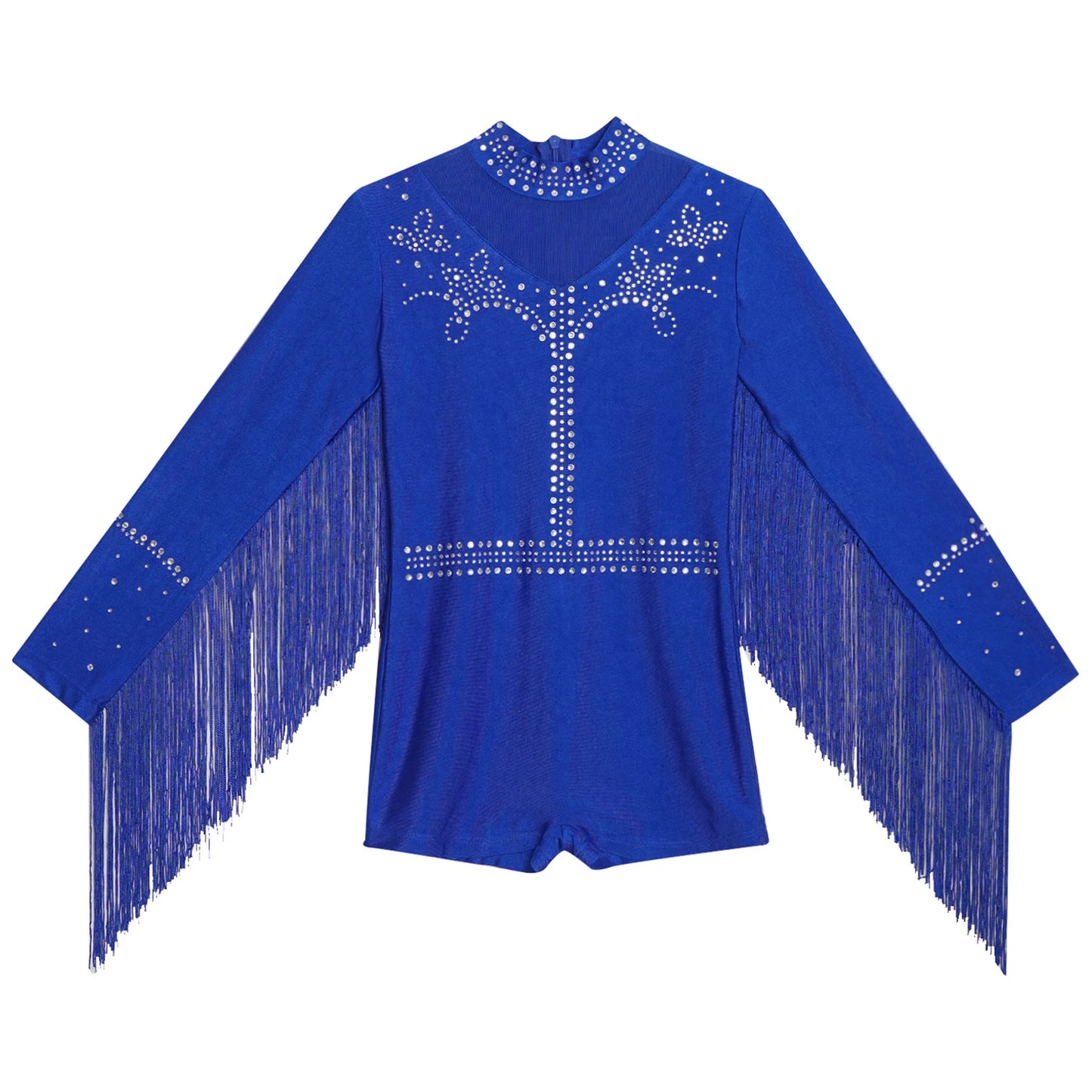 Girls Leotards Jumpsuit for Jazz Latin Skating Competition Costume Tassels Long Sleeve Rhinestones Bodysuit Modern Dancewear