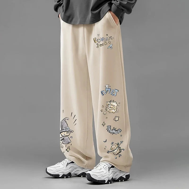 American Retro Graffiti Print Casual Pants for Men, Spring and Autumn Trendy Brand Loose Plus-size Straight Wide-leg Long Pants