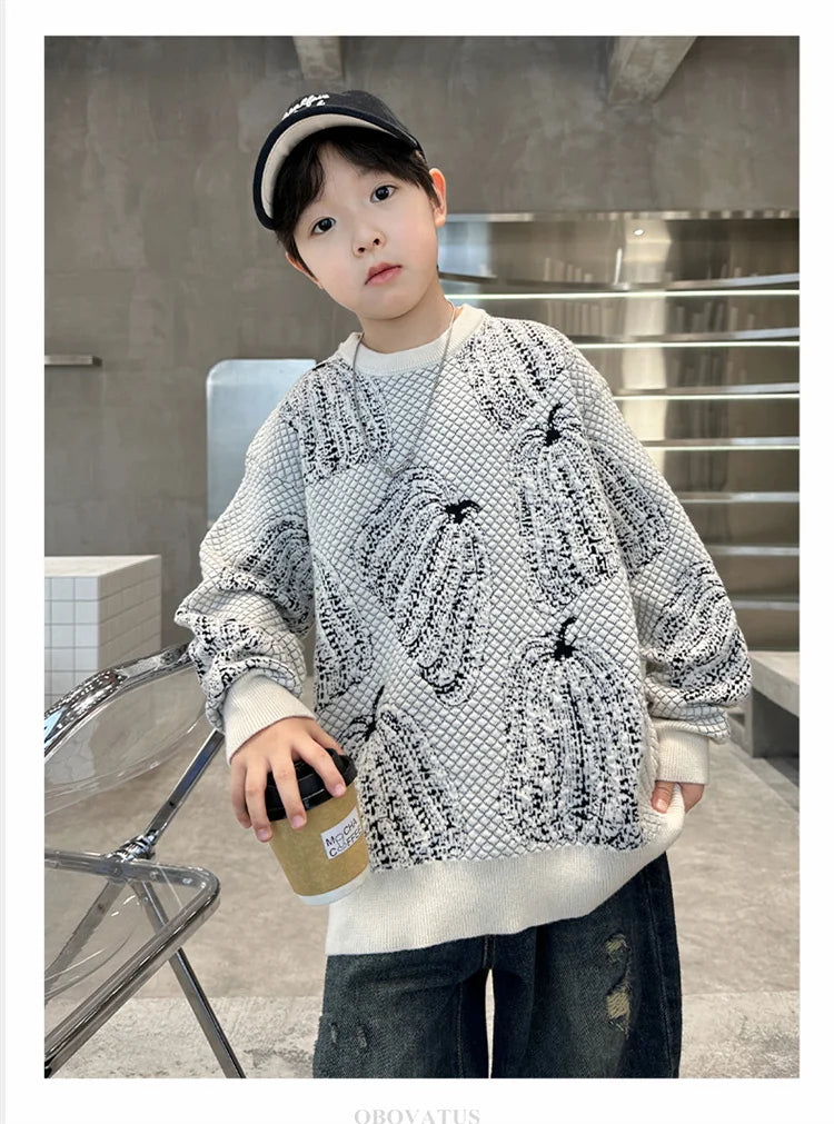 Children Halloween Pumpkin Sweater For Boys Fancy Knitted Outfit Clothing Kids Elegant Pullover Knitwear For Teenagers Age 5-14T