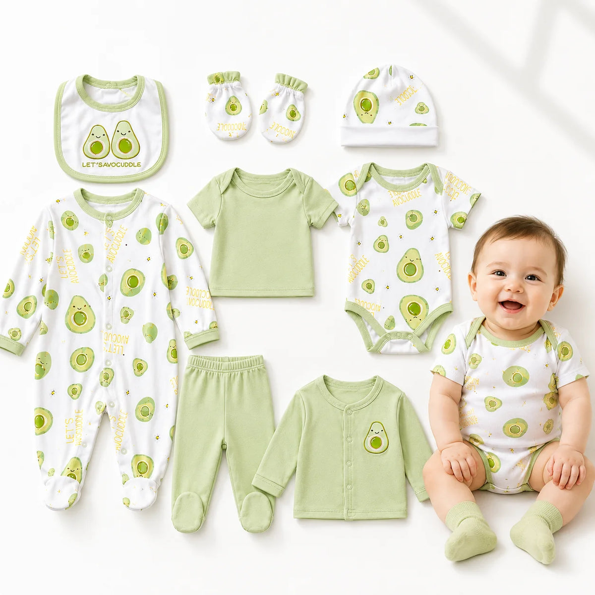 8Pcs Newborn Baby Clothes Set 100% Cotton Avocado Print Bodysuit Romper Cardigan Pants Bib Hat Mittens Infant Outfit 0-6M