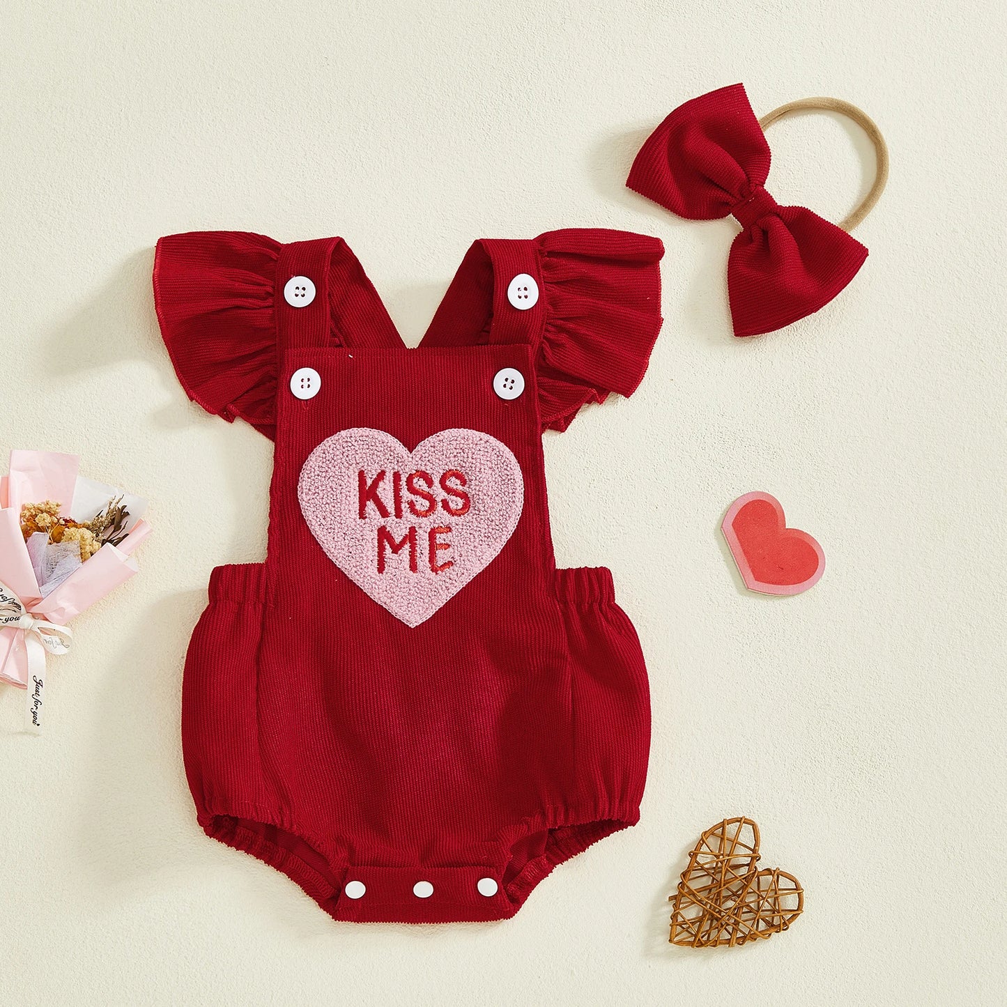 Baby Girl Valentines Outfit Letter Love Heart Embroidered Ruffled Trim Flying Sleeve Romper and Bow Headband 2 Pcs Set