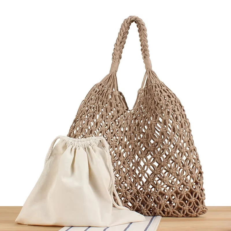 Fashion Crochet Bags for Women Summer Beach Tote Bag Raffia Aesthetic Totes Straw Handbag Bohemian Boho Woven Knit Shoulder Bag