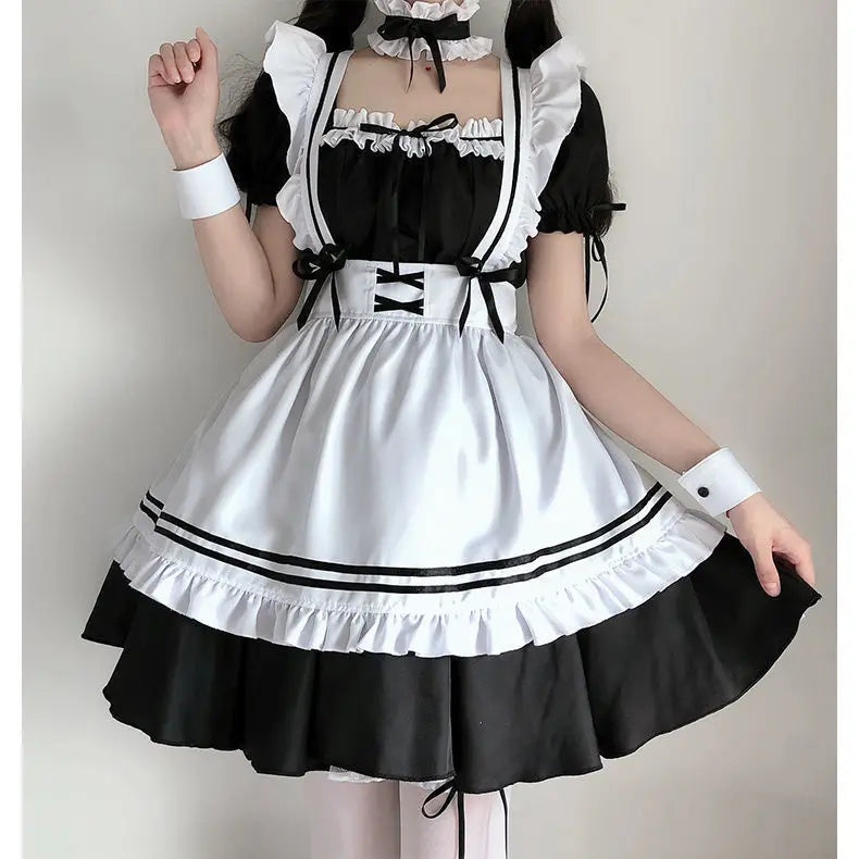 Halloween Maid Set Waiter's Cute Dress Men's Women's Costume Big Character Black and White Style Plus Size Short Sleeved Dress