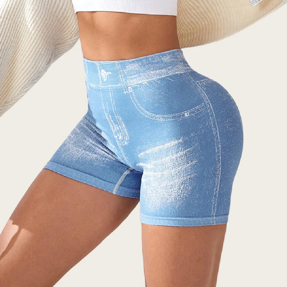 High Waist Women's Sports Shorts Hip Lifting and Body Shaping Faux Denim Jeans Stretch Short Leggings