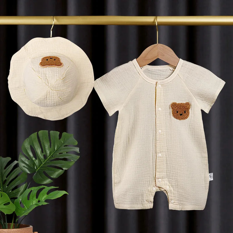 Muslin Summer Baby Romper Hat Set 2Pcs Bear Cotton Newborn Jumpsuit for Boys Girls Clothes Toddler Onesie Infant Outfit Suit