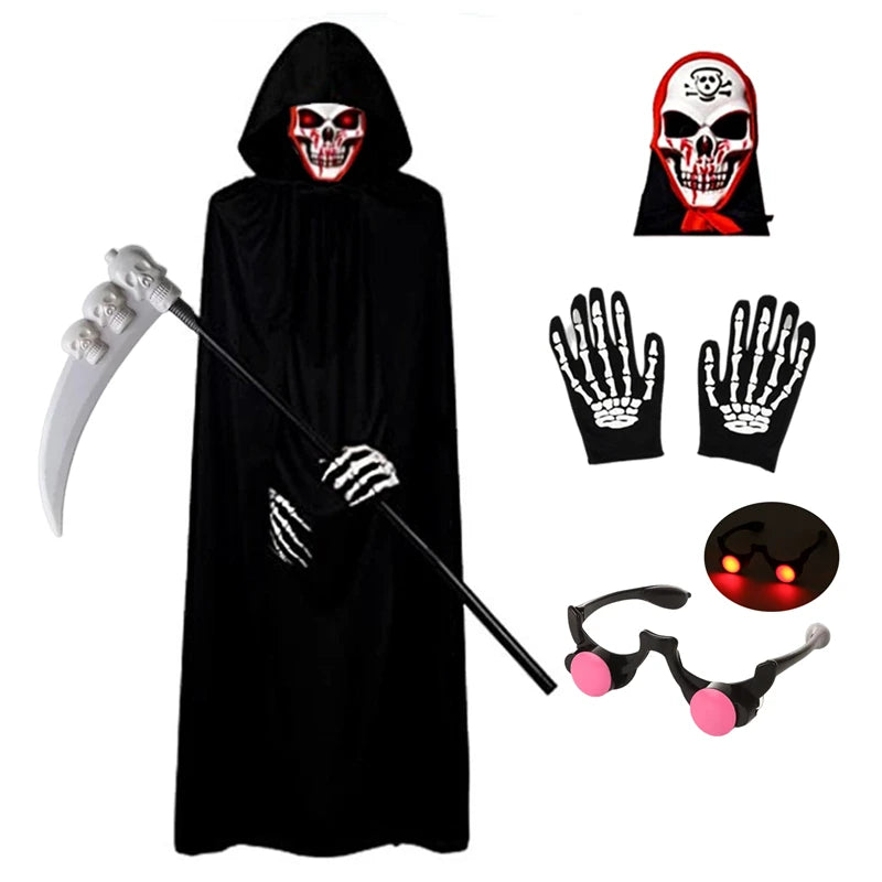 Halloween Scary Costume Grim Reaper Costume for Boys Kids Costume with Glowing Red Eyes with Gloves Mask