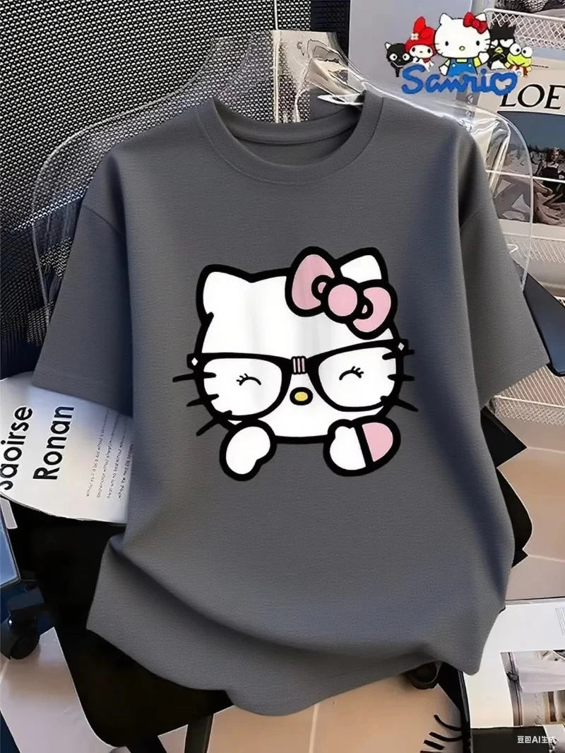 MINISO Cotton T Shirt with Hello Kitty in Glasses Graphic Sweet and Nerdy Style Trendy Printed Brand Cotton T-shirt Short Sleeve