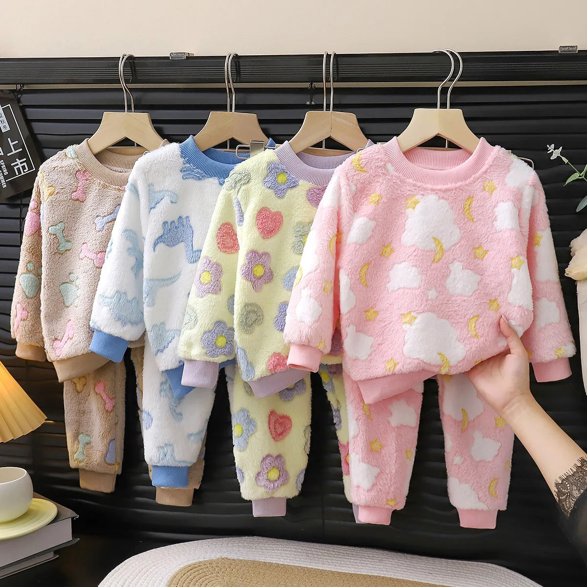 Children's Casual Soft Flannel Pajamas Sets Boys Girls Cartoon Flower Sleepwear Toddler Baby Autumn Winter Thicken Warm Pyjamas