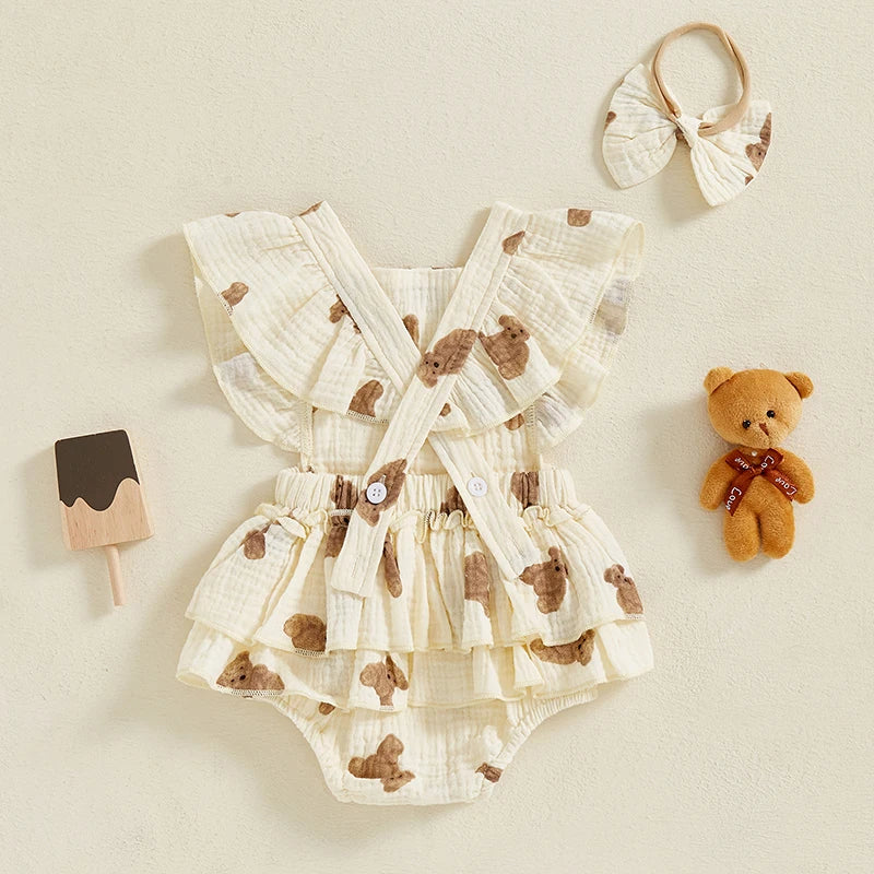 0-18M Newborn Baby Girl Bodysuits Cartoon Bear Pattern Ruffled Flying Sleeve Romper with Bow Headband Set Summer Infant Outfits