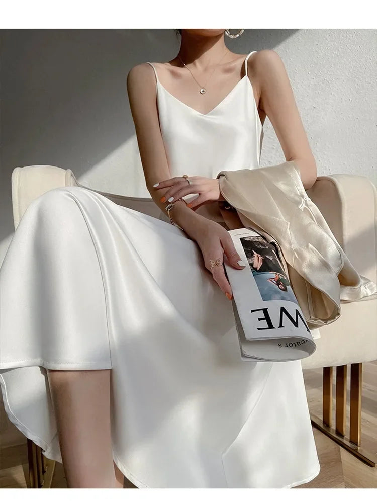 Silk V-neck Slim-fit Satin Dress Sexy Strap Long Gown for Women New 2025 Spring Summer Inner Wear Dress Elegant Lady Dress