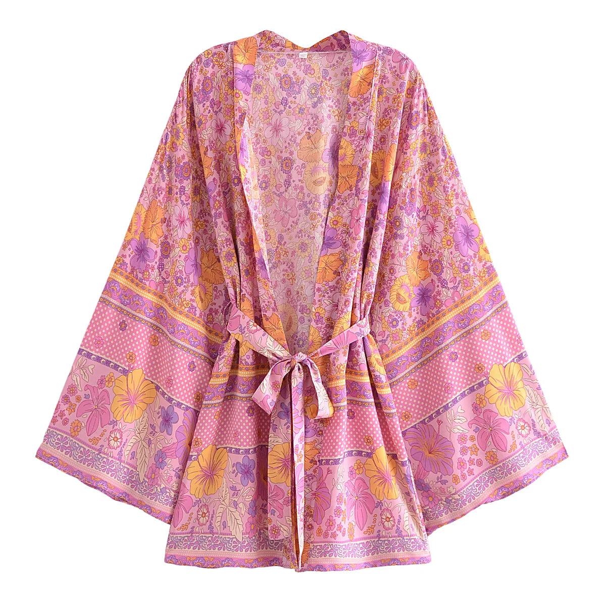 BOHO Women Blue With Pink Flower Print Kimono Shirt Holiday Tide Bow Sashes Mid Long Cardigan Summer Blouse Beach Cape