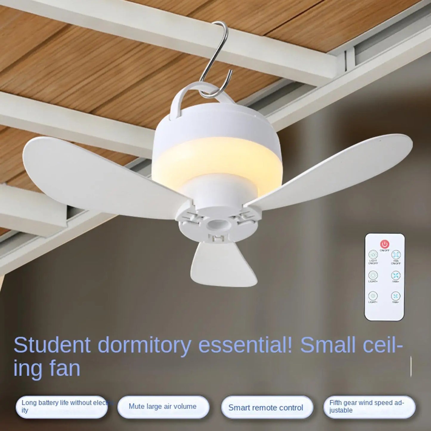 Ceiling Fan With LED Light and Remote Control USB Charging Household Outdoor Camping Tent Student Dormitory Bed Small Fan