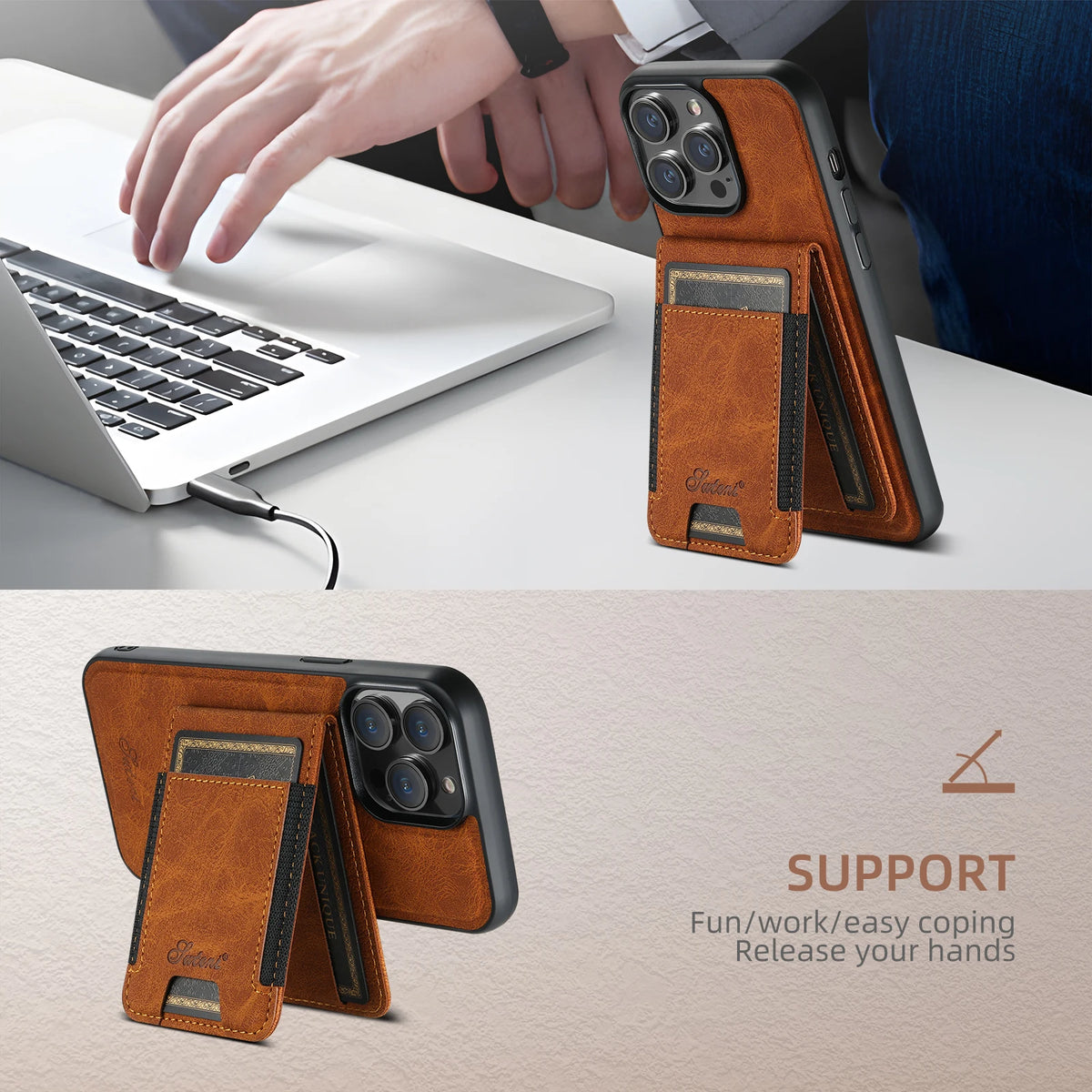 SUTENI Luxury Magsafe Leather Card Holder Phone Case Wallet Kickstand Cover For iPhone 17 16 15 14 13 12 11 Pro Plus Max