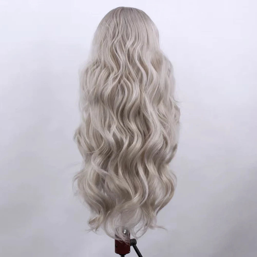 AIMEYA Ash Blonde Lace Front Wig Long Body Wave Synthetic Wig 13x4 Frontal Lace Glueless Daily Use Cosplay Wigs for Women