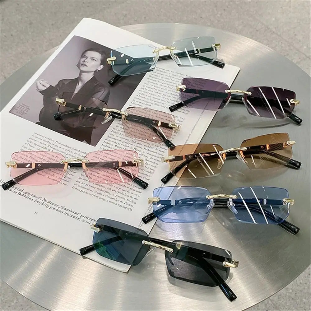 Trendy Rimless Sunglasses for Women Men Rectangle Fashion Shades Small Square UV400 Sun Glasses For Female Male Traveling Oculos