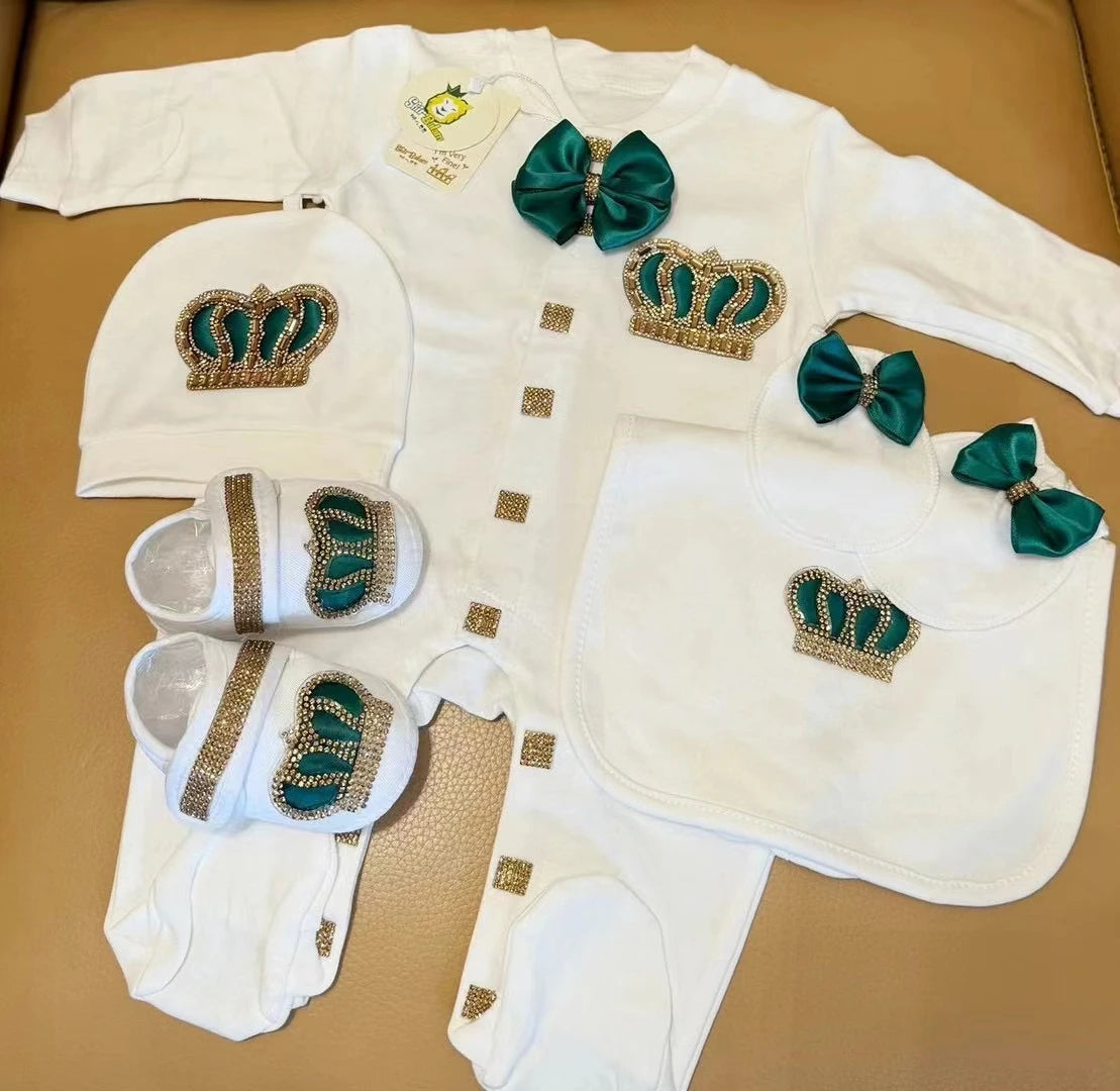 Dollbling Baptism Outfit Boy Prince Luxury Bling Christening Coming Home Romper Bonnet Set Mittens Nursery Hospital Clothing set